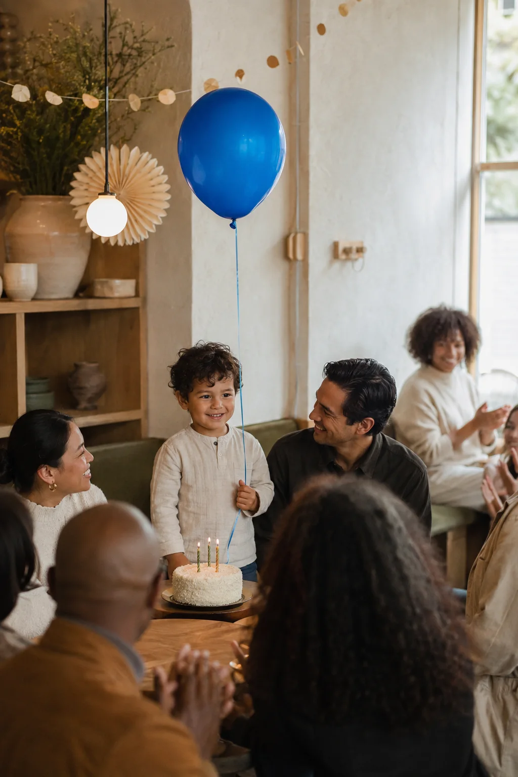 A joyful child holding a blue balloon beside a birthday cake