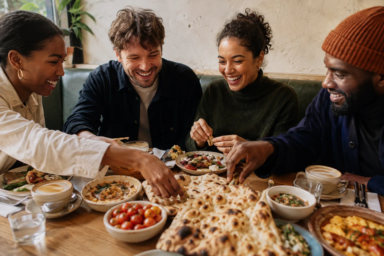 Friends laughing over flatbreads, vegetables and coffee