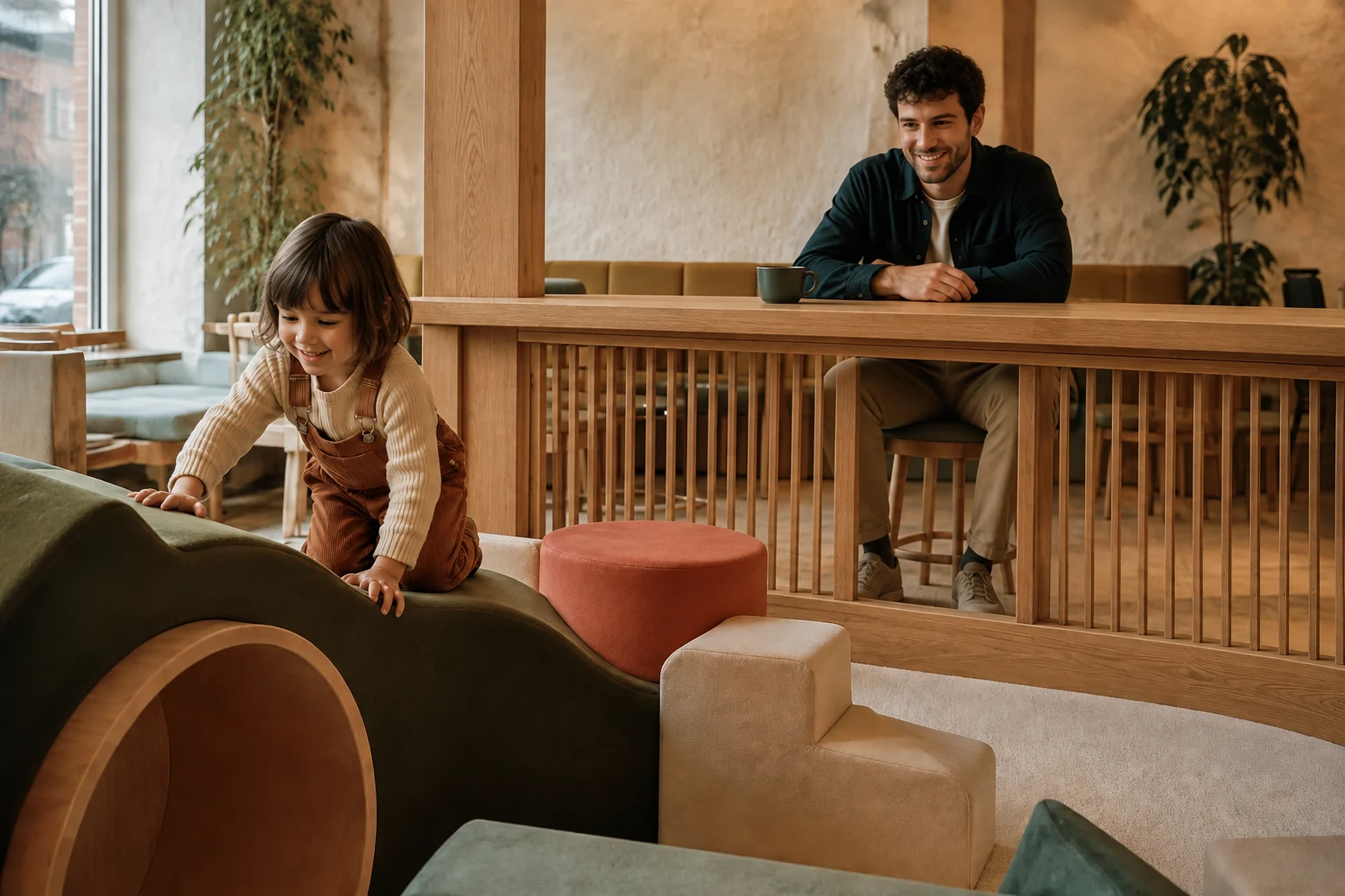 A child playing within sight of her father seated at a bar built into the play boundary